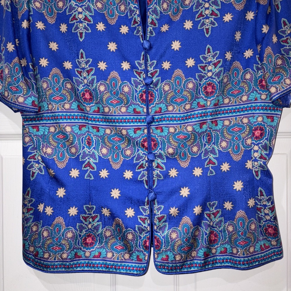 Adrianna Papell Boutique Silk Button Up Blouse Women Size 12 Blue Floral Vintage - Picture 5 of 9
